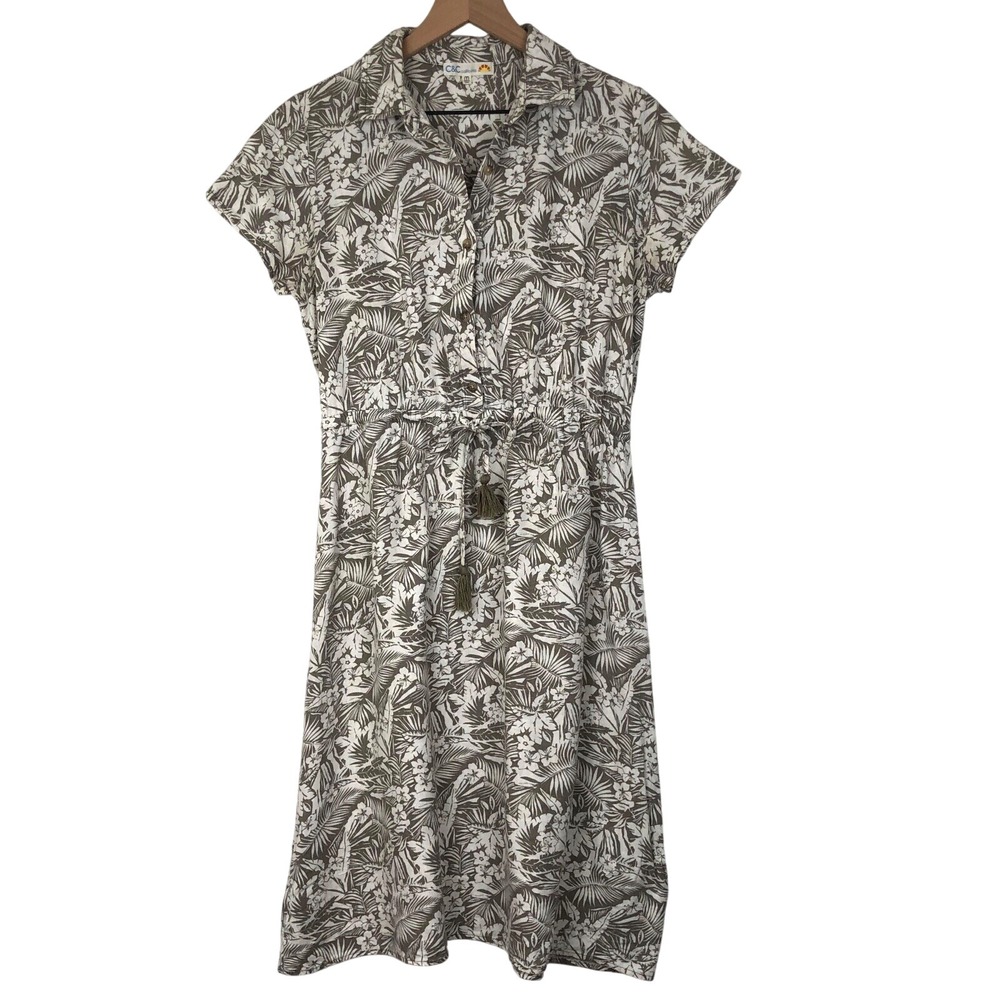 C&C CALIFORNIA Linen Blend‎ Midi Dress Sz M Greige White Tropical Floral Elastic